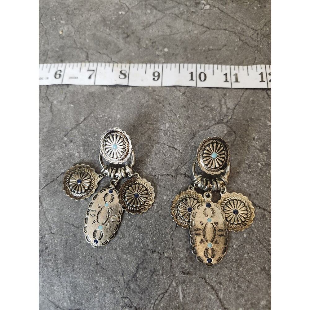 Partners Dangle Earrings Tin Silver‎ Tone Southwest Medallions 90s Stamped